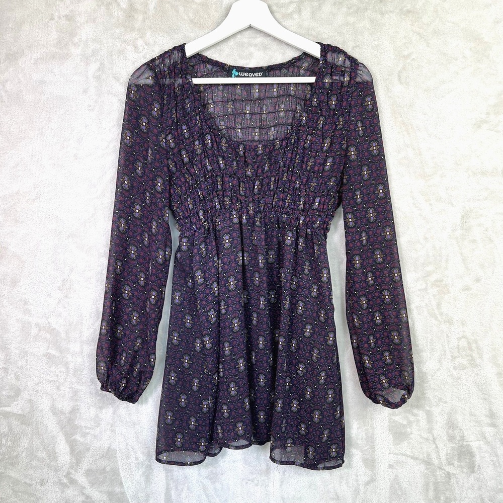 Vintage‎ Weavers Sheer Floral Boho XS Tunic Top Smocked Waist 70s Revival Purple
